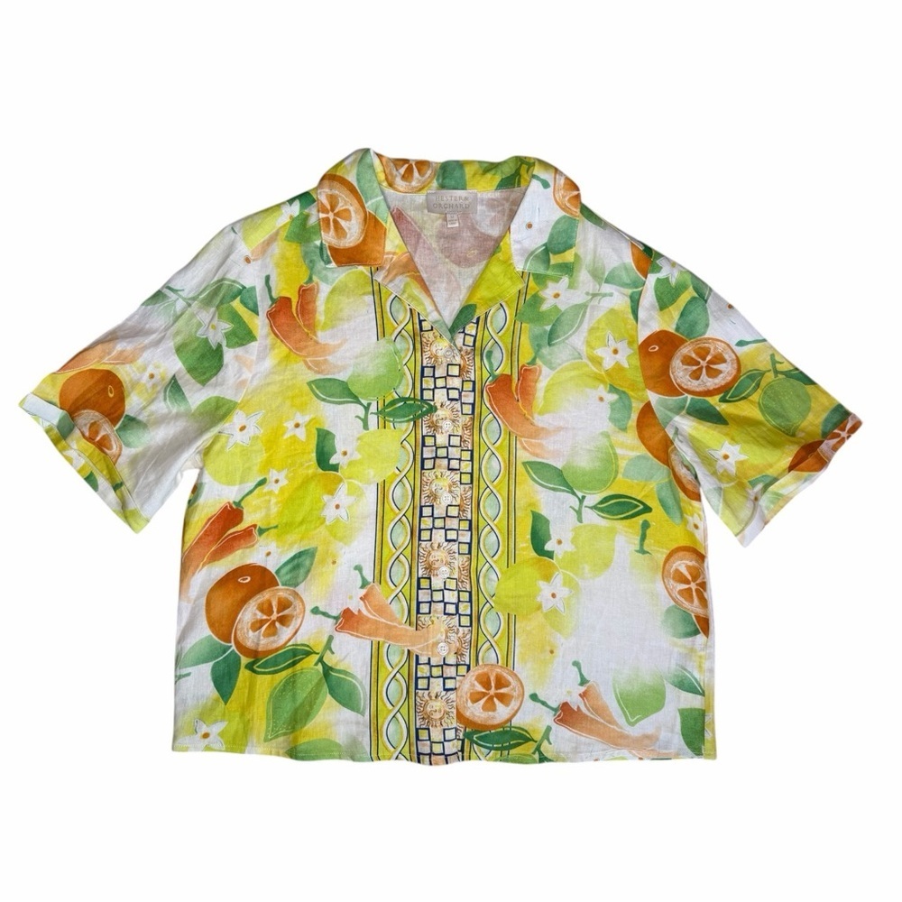 Vintage Hester &Orchard Citrus Print Button-Up Shirt-Lemon Orange Green Hawaiian